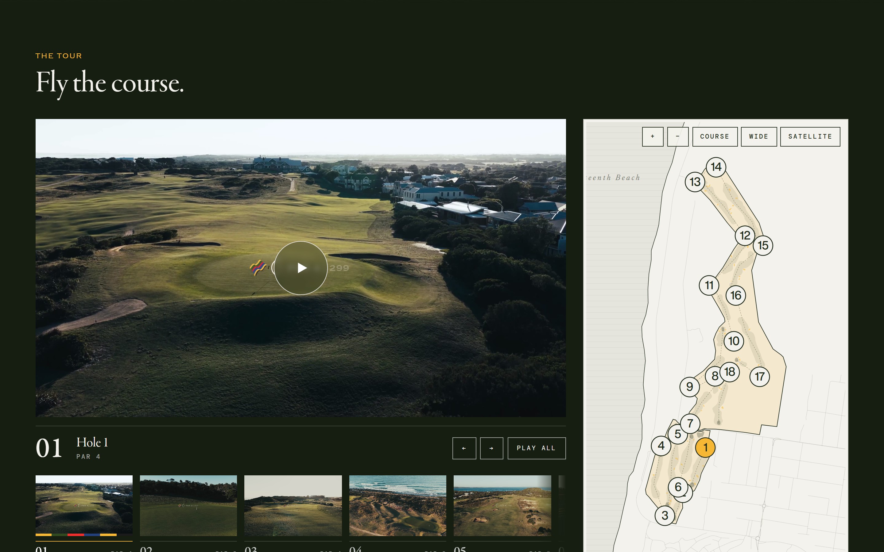 The course tour's flyover beside its map of the course