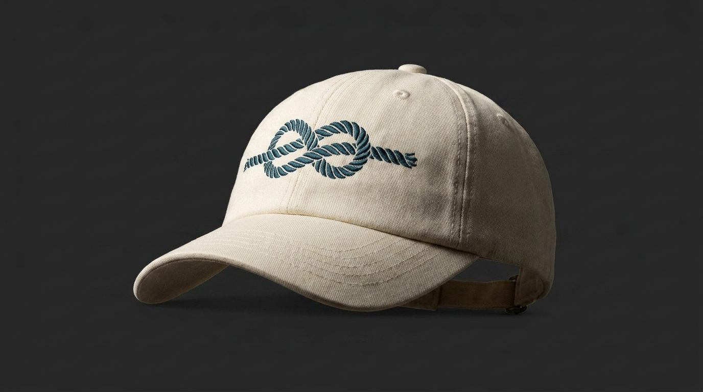 The Knot's figure of eight embroidered on a cream cap