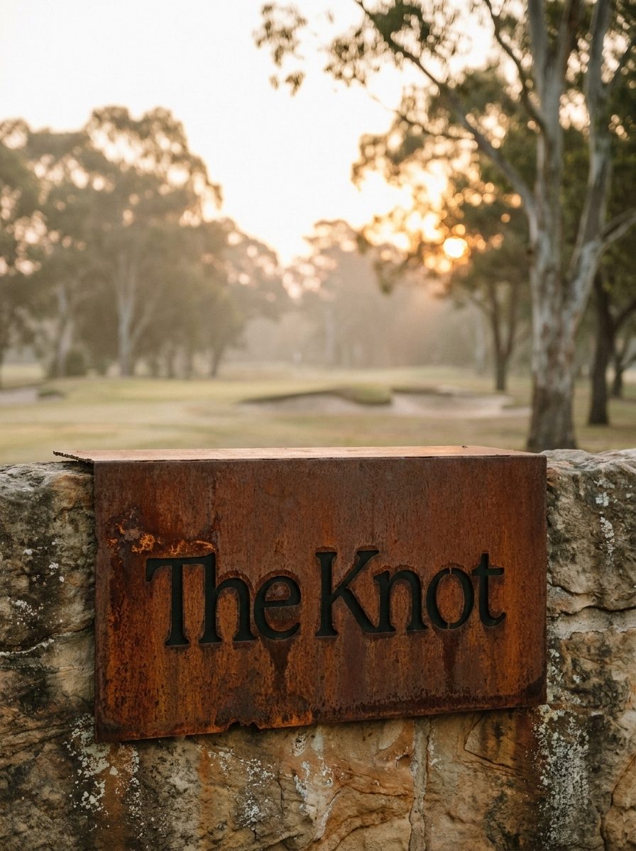 The Knot in weathered steel on a sandstone wall